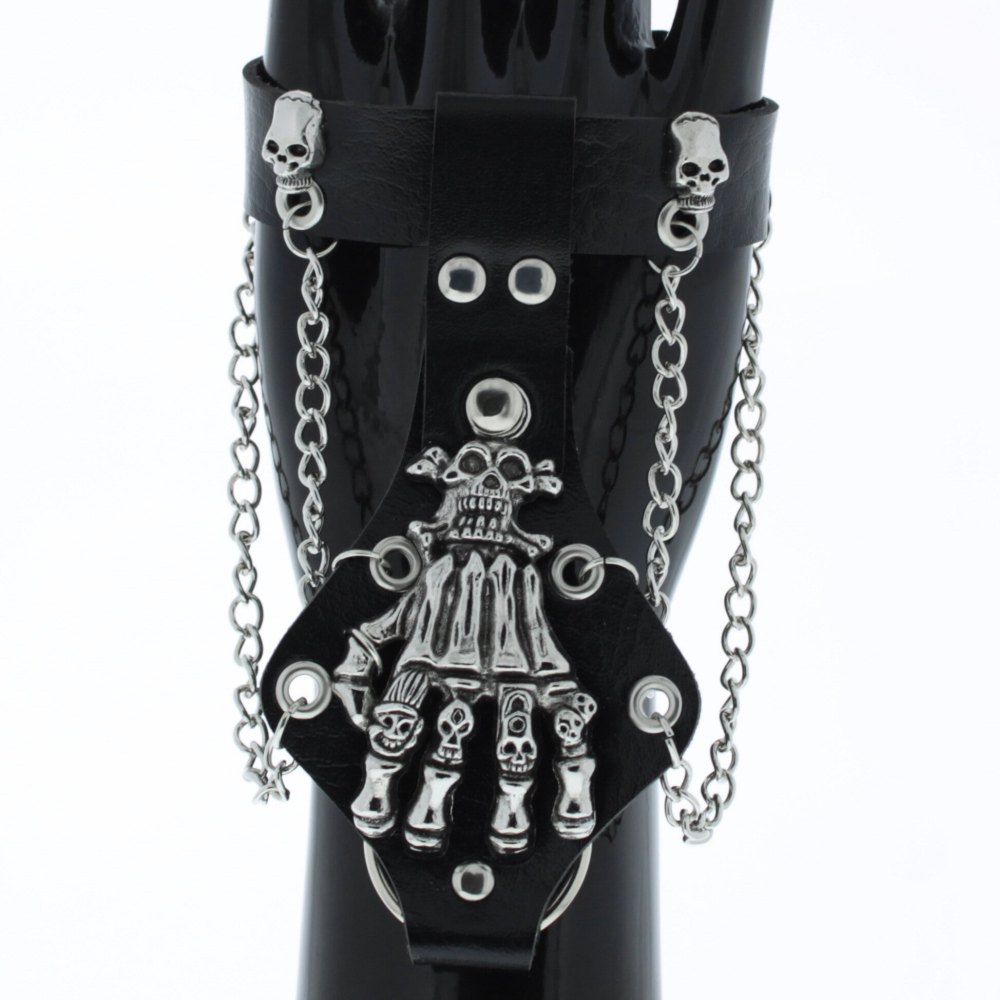 Zac's Alter Ego - Skull Studs, Chains, Large Skeleton Hand & Ring Bracelet - Noir